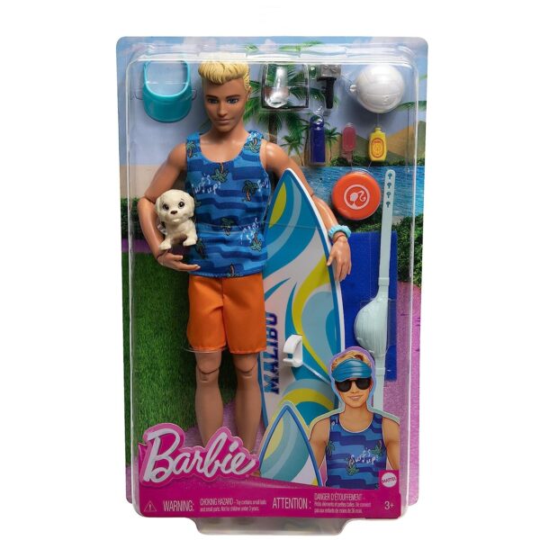 Age 3+ Barbie HPT50 Ken Doll with Surfboard Pet Puppy
