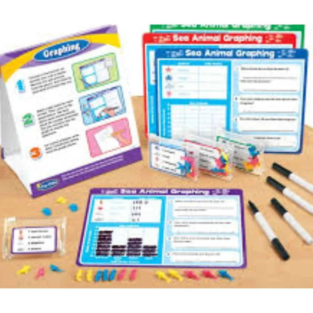 Unlock the basics of data and graphing with the Lakeshore Instant Learning Center: Data & Graphing, designed for children aged 3 and up. This interactive set introduces young learners to essential concepts in a fun and hands-on way, making math exploration both engaging and educational. The set features a variety of colorful, easy-to-use materials that help children understand data collection and representation. It includes items like graphing boards, picture cards, and sorting tokens that are perfect for exploring simple data concepts. Kids can use the graphing boards to create bar graphs, pictographs, and other visual data representations, making abstract ideas more concrete and accessible. Activities in this learning center encourage children to sort, count, and compare different objects, helping them to develop a basic understanding of how data can be organized and displayed. For example, they can use the picture cards to categorize items and then use the graphing boards to create visual graphs that represent their findings. These activities help build critical thinking skills, as well as an understanding of patterns and quantities. The Lakeshore Instant Learning Center: Data & Graphing is ideal for both individual and group play, making it a versatile tool for home or classroom use. The durable, child-friendly materials are designed to withstand enthusiastic play and are easy to clean, ensuring long-lasting use. This learning center not only supports the development of early math skills but also fosters an interest in data and graphing through interactive and enjoyable activities. Give your child a head start in understanding data concepts with the Lakeshore Instant Learning Center: Data & Graphing and watch them explore the world of numbers and graphs with confidence and excitement