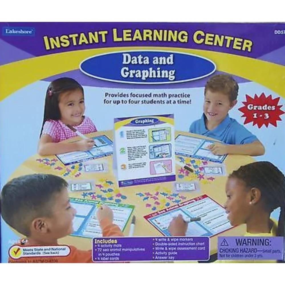 Unlock the basics of data and graphing with the Lakeshore Instant Learning Center: Data & Graphing, designed for children aged 3 and up. This interactive set introduces young learners to essential concepts in a fun and hands-on way, making math exploration both engaging and educational. The set features a variety of colorful, easy-to-use materials that help children understand data collection and representation. It includes items like graphing boards, picture cards, and sorting tokens that are perfect for exploring simple data concepts. Kids can use the graphing boards to create bar graphs, pictographs, and other visual data representations, making abstract ideas more concrete and accessible. Activities in this learning center encourage children to sort, count, and compare different objects, helping them to develop a basic understanding of how data can be organized and displayed. For example, they can use the picture cards to categorize items and then use the graphing boards to create visual graphs that represent their findings. These activities help build critical thinking skills, as well as an understanding of patterns and quantities. The Lakeshore Instant Learning Center: Data & Graphing is ideal for both individual and group play, making it a versatile tool for home or classroom use. The durable, child-friendly materials are designed to withstand enthusiastic play and are easy to clean, ensuring long-lasting use. This learning center not only supports the development of early math skills but also fosters an interest in data and graphing through interactive and enjoyable activities. Give your child a head start in understanding data concepts with the Lakeshore Instant Learning Center: Data & Graphing and watch them explore the world of numbers and graphs with confidence and excitement