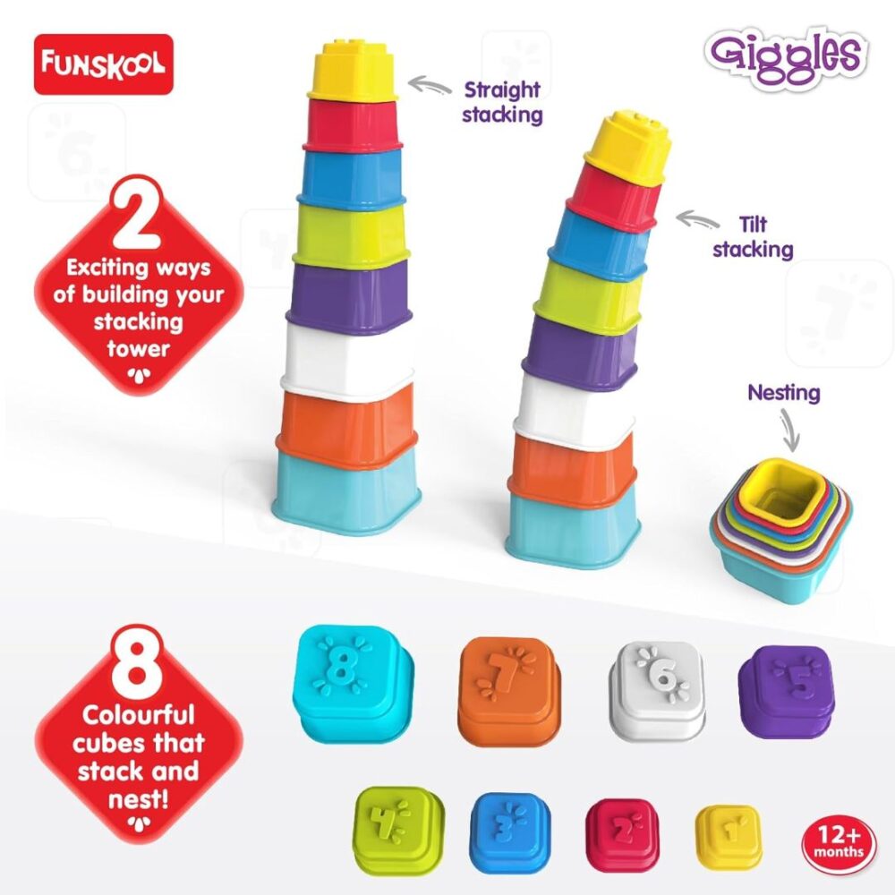 The Age 1+ Giggles Build N Tilt Number Cubes are perfect for engaging young minds! Each cube is designed not just for stacking but for tilting and balancing, encouraging your child to experiment and explore. As they play, they'll develop essential cognitive skills, such as problem-solving and spatial awareness. The colorful illustrations on each cube add an extra layer of excitement, making learning about numbers and shapes enjoyable. Plus, they’re easy to clean and store, making them a practical choice for busy parents. Ideal for solo play or interactive family fun, these cubes are sure to become a favorite in your child’s toy collection