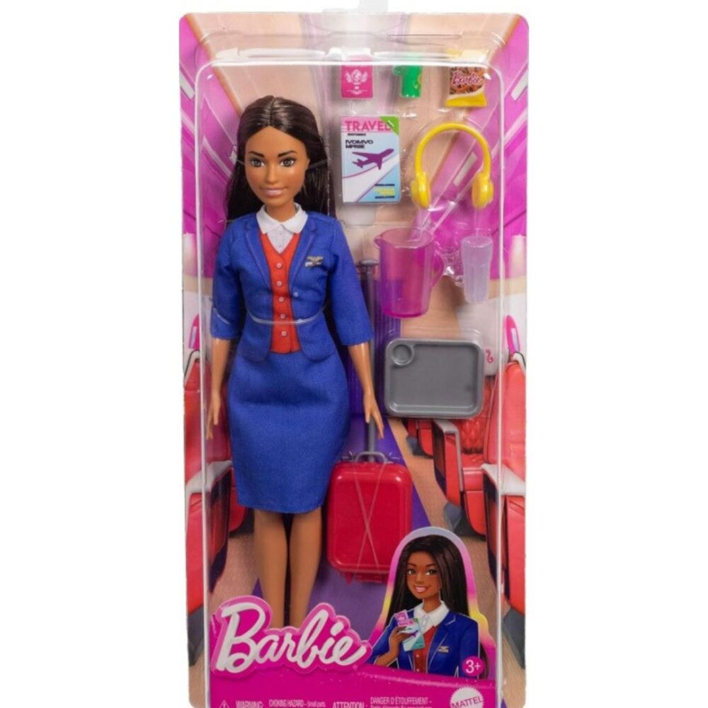 Barbie Flight Attendant Brunette Fashion Doll in Removable Blue Uniform, Includes Rolling Luggage Suitcase, Headphones, and Passport Accessories