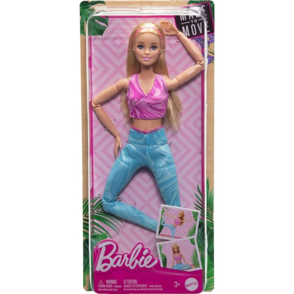 Barbie Made to Move Fashion Doll with Blonde Hair Wearing Removable Pink Sports Top & Blue Yoga Pants, 22 Bendable “Joints”