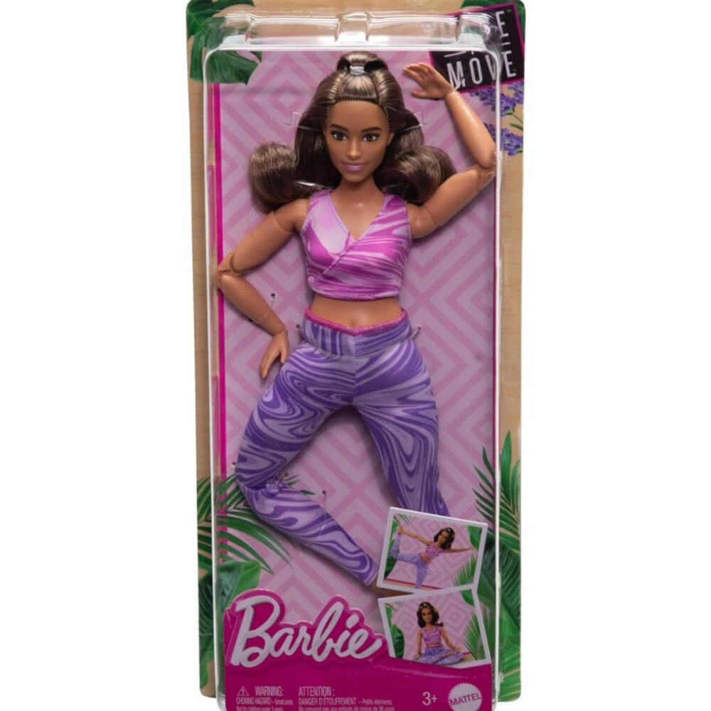 Barbie Made to Move Fashion Doll with Curvy Body & Brunette Hair Wearing Removable Pink Sports Top & Purple Yoga Pants, 22 Bendable Joints