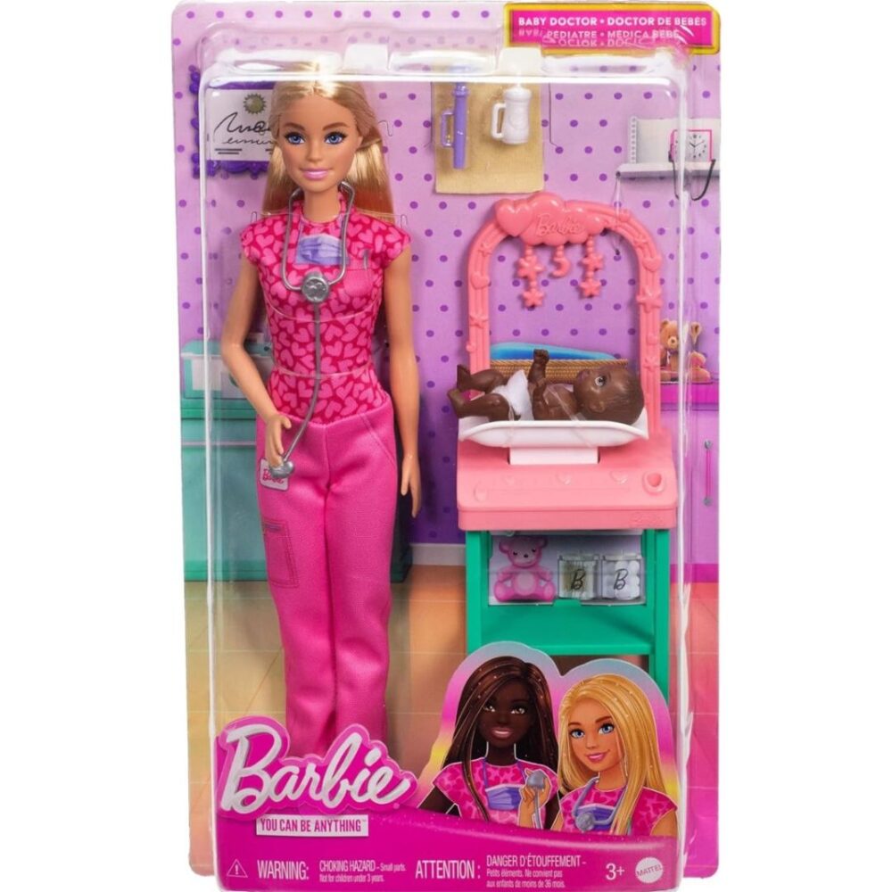 Barbie Baby Doctor Doll with Blonde Fashion Doll Wearing Pink Scrubs, 1 Baby Doll with Baby Accessories & Furniture