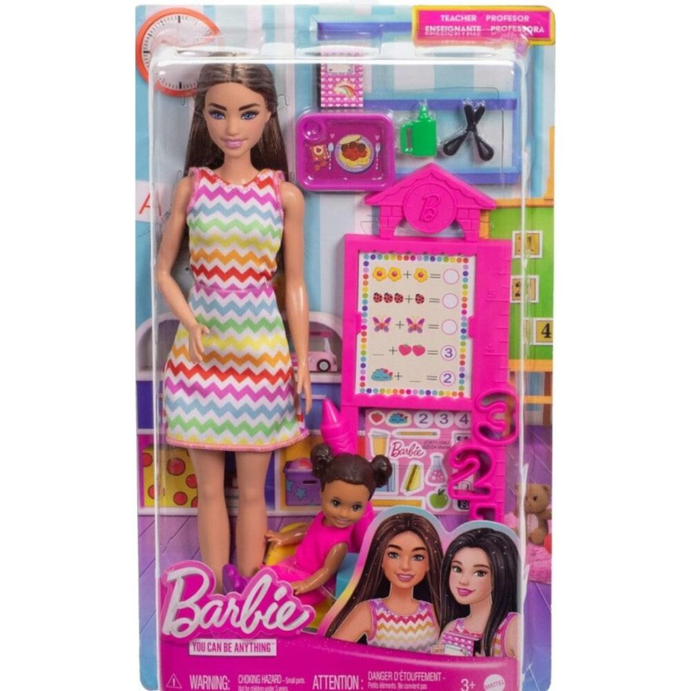 Barbie Teacher Doll with Brunette Fashion Doll with Printed Dress, 1 Toddler Doll, & Teaching Accessories