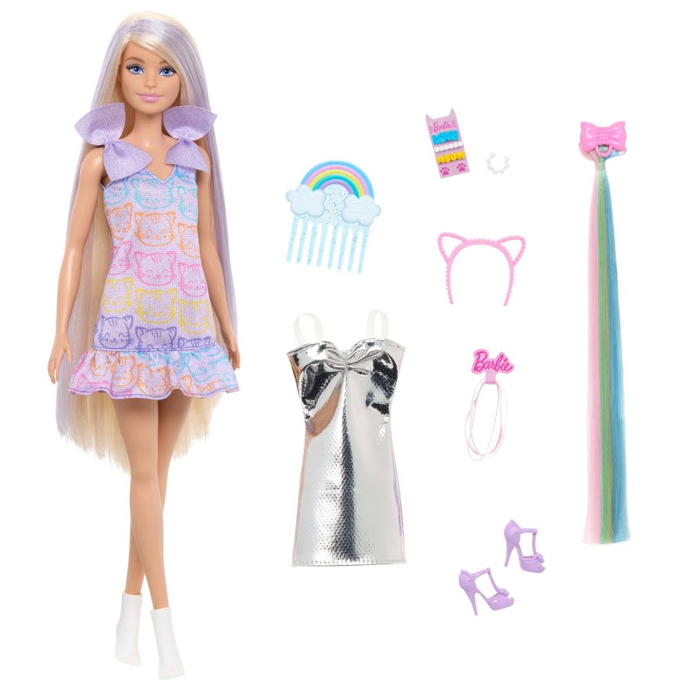 Barbie Fun & Fancy Doll & Accessories, Blonde Fashion Doll with Extra-Long Hair & 2 Looks, Including Silver Metallic Dress & Hair Extension - Image 4