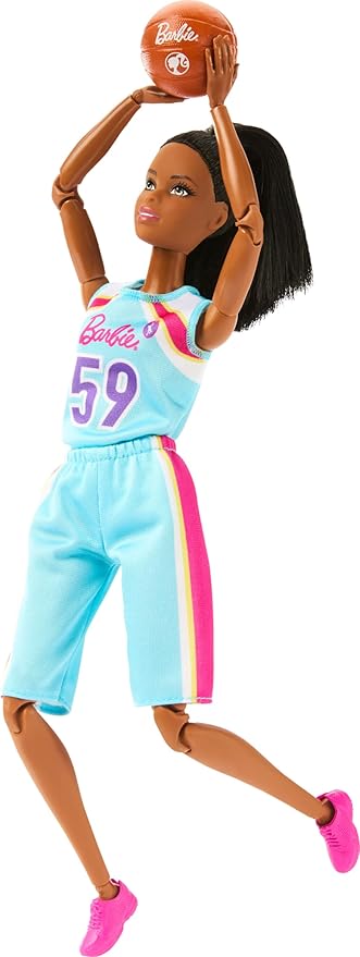 Barbie Made to Move Doll & Accessories, Brunette Basketball Player Wearing Removable Uniform with Ball, 22 Bendable Joints - Image 4