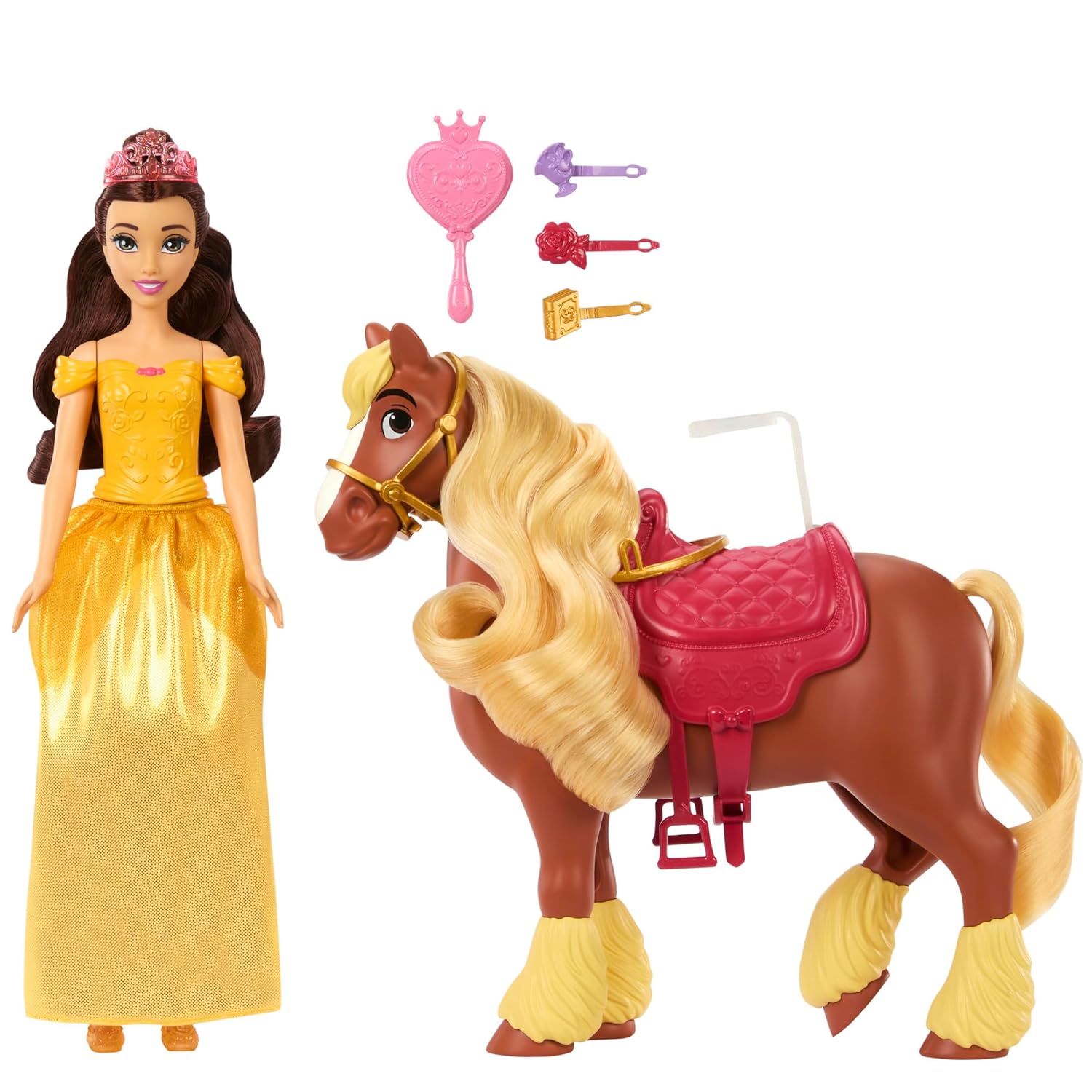 Disney Mattel Princess Toys, Belle Fashion Doll & Philippe Horse with Saddle, Brushable Mane & Tail & 4 Styling Accessories, Inspired by Movie - Image 5
