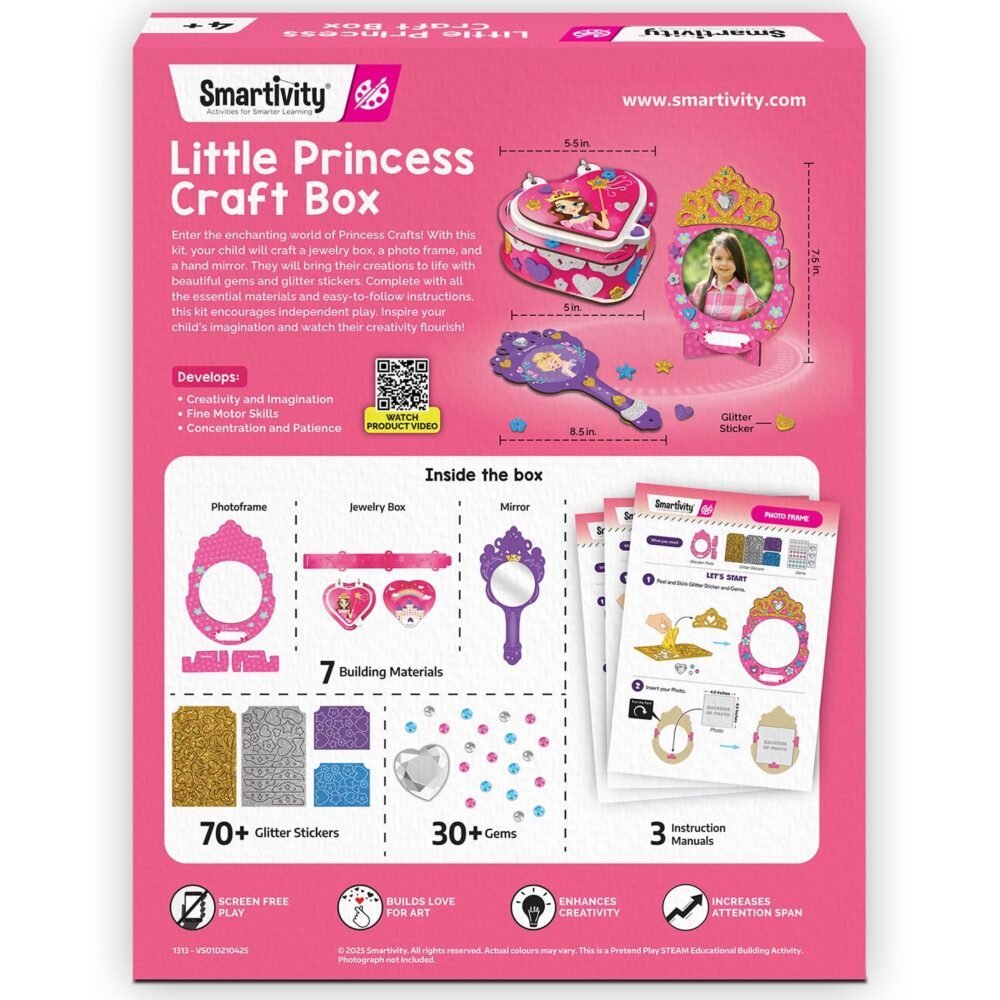 Alternative view of Age 4-8 Year Smartivity Little Princess Craft Box for Girls | DIY Art & Craft Kit to Make Jewellery Box, Mirror & Frame | Kids Craft Activity Set with Gems & Glitter
