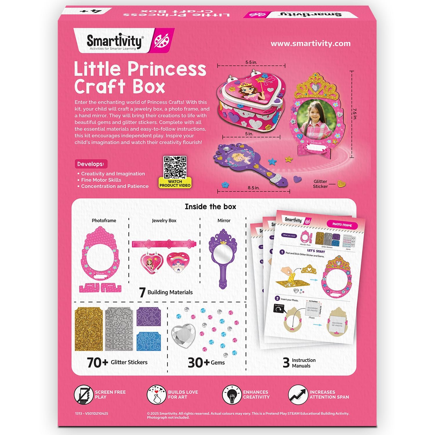 Age 4-8 Year Smartivity Little Princess Craft Box for Girls | DIY Art & Craft Kit to Make Jewellery Box, Mirror & Frame | Kids Craft Activity Set with Gems & Glitter - Image 2