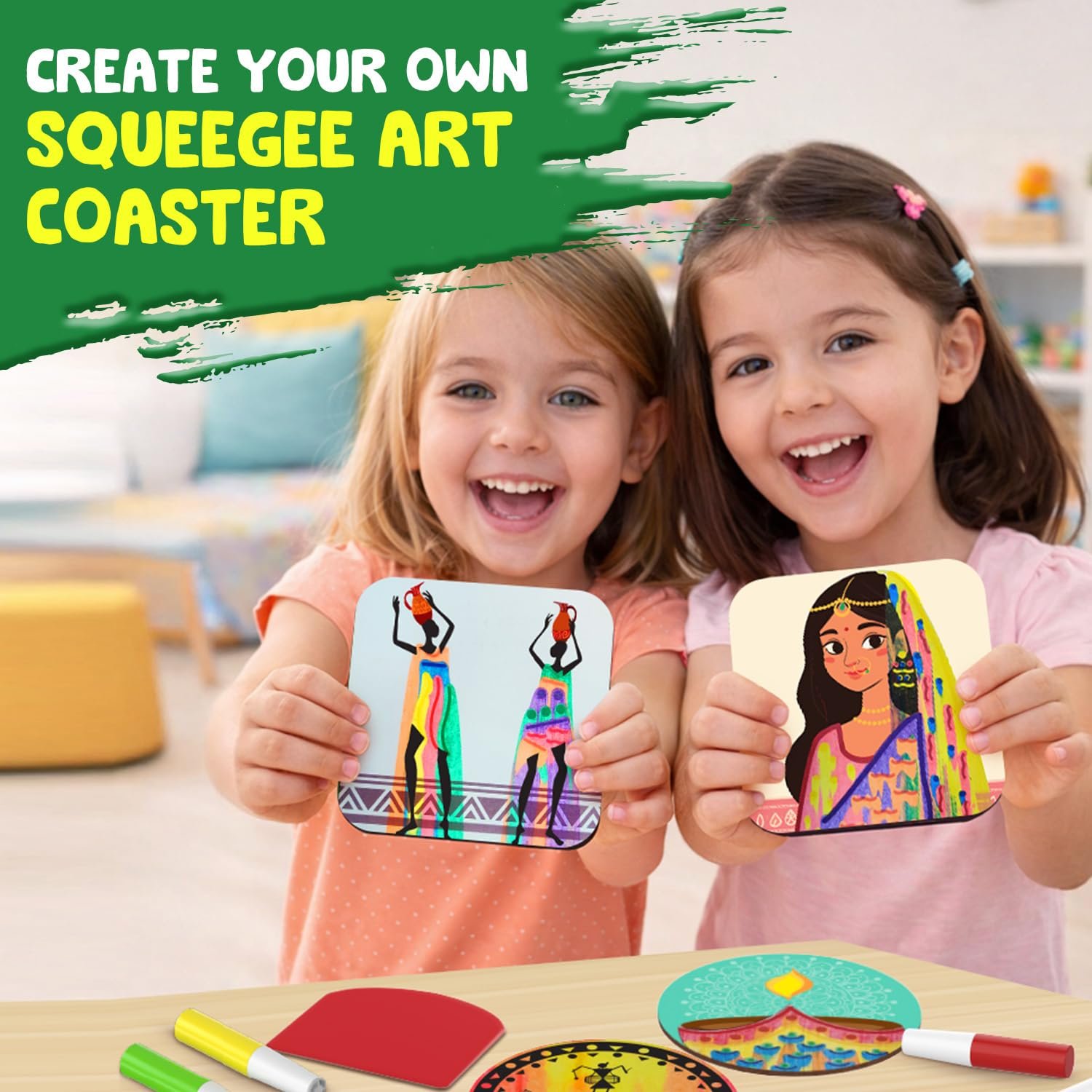 Age 4-8 Years Smartivity Squeegee Art Coaster Kit for Kids- DIY Paint Pouring & Swirl Art Craft Activity - Make 6 Colorful Coasters - Image 3