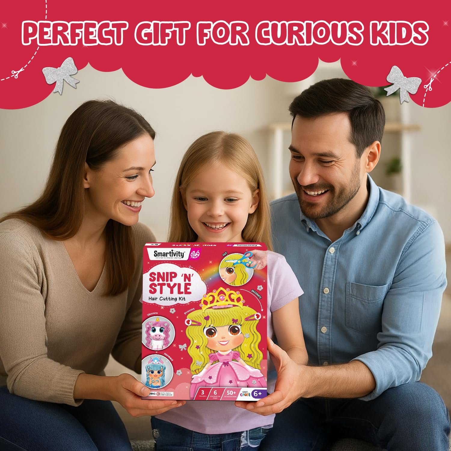 Smartivity Snip ‘N’ Style Hair Styling Craft Kit for Kids | DIY Scissor Skills & Creativity Activity Set | Includes Princess, Mermaid & Unicorn Figures - Image 2