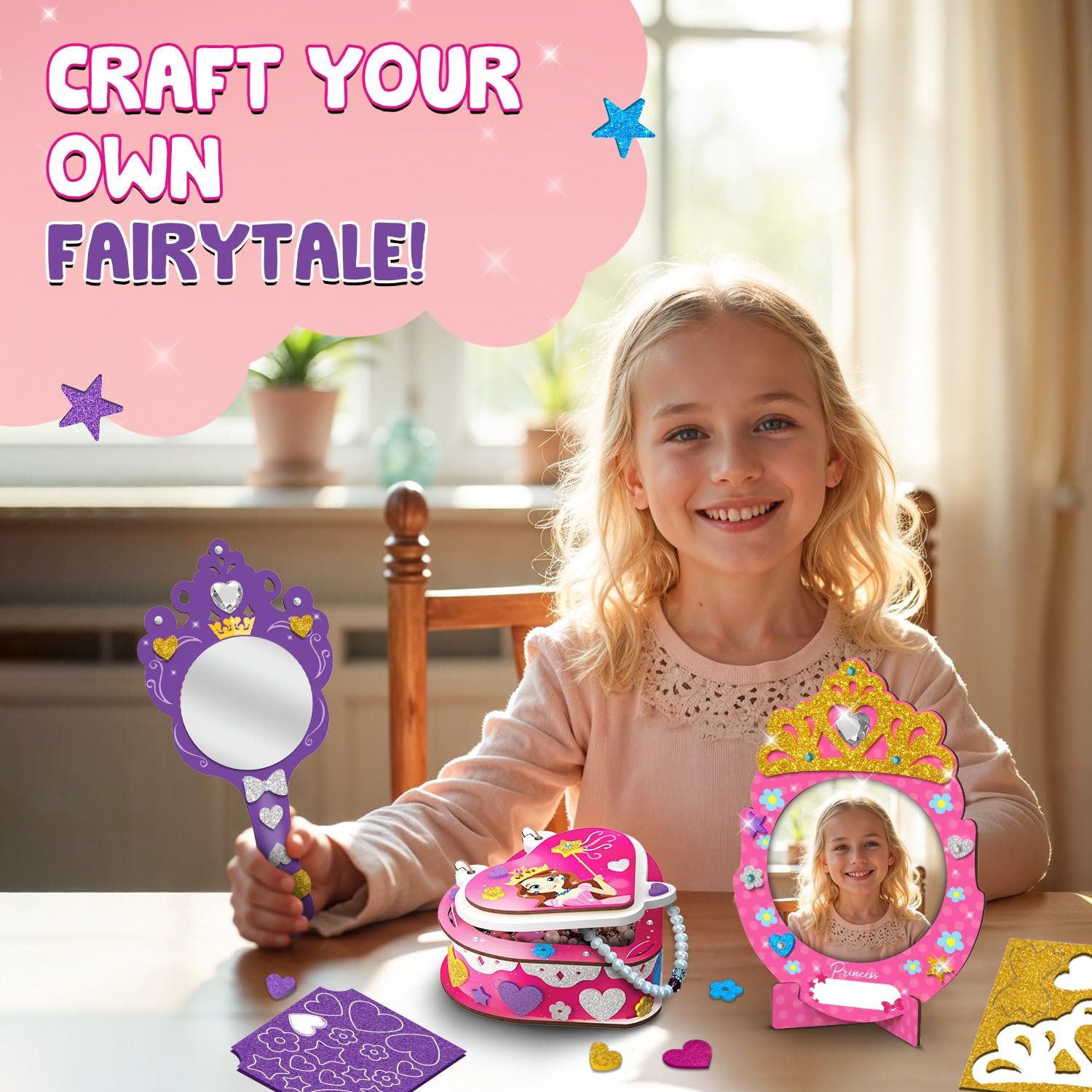 Age 4-8 Year Smartivity Little Princess Craft Box for Girls | DIY Art & Craft Kit to Make Jewellery Box, Mirror & Frame | Kids Craft Activity Set with Gems & Glitter - Image 4