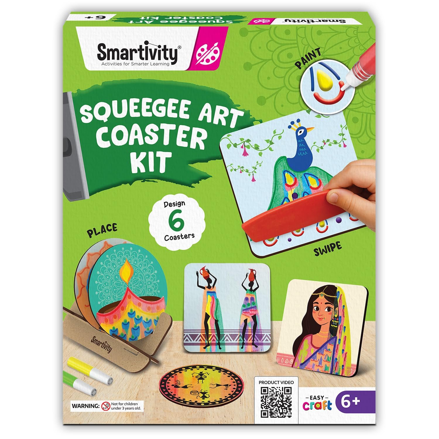 Age 4-8 Years Smartivity Squeegee Art Coaster Kit for Kids- DIY Paint Pouring & Swirl Art Craft Activity - Make 6 Colorful Coasters