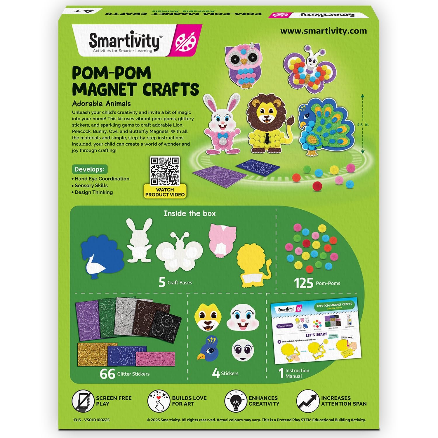 Age 5-10 Smartivity Pom Pom Magnet Craft Kit for Kids | Adorable Animals Themed - Image 2