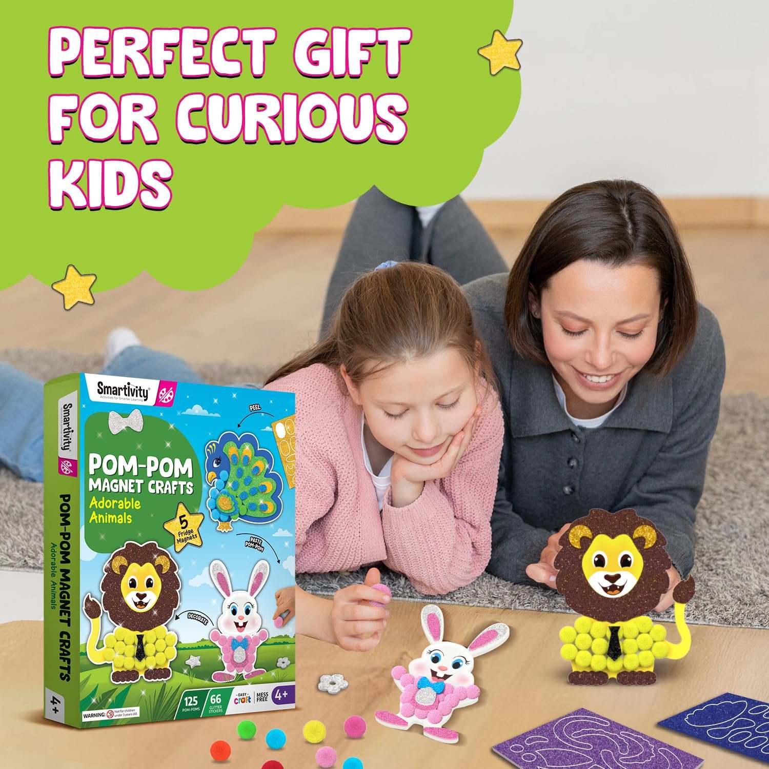 Age 5-10 Smartivity Pom Pom Magnet Craft Kit for Kids | Adorable Animals Themed - Image 3