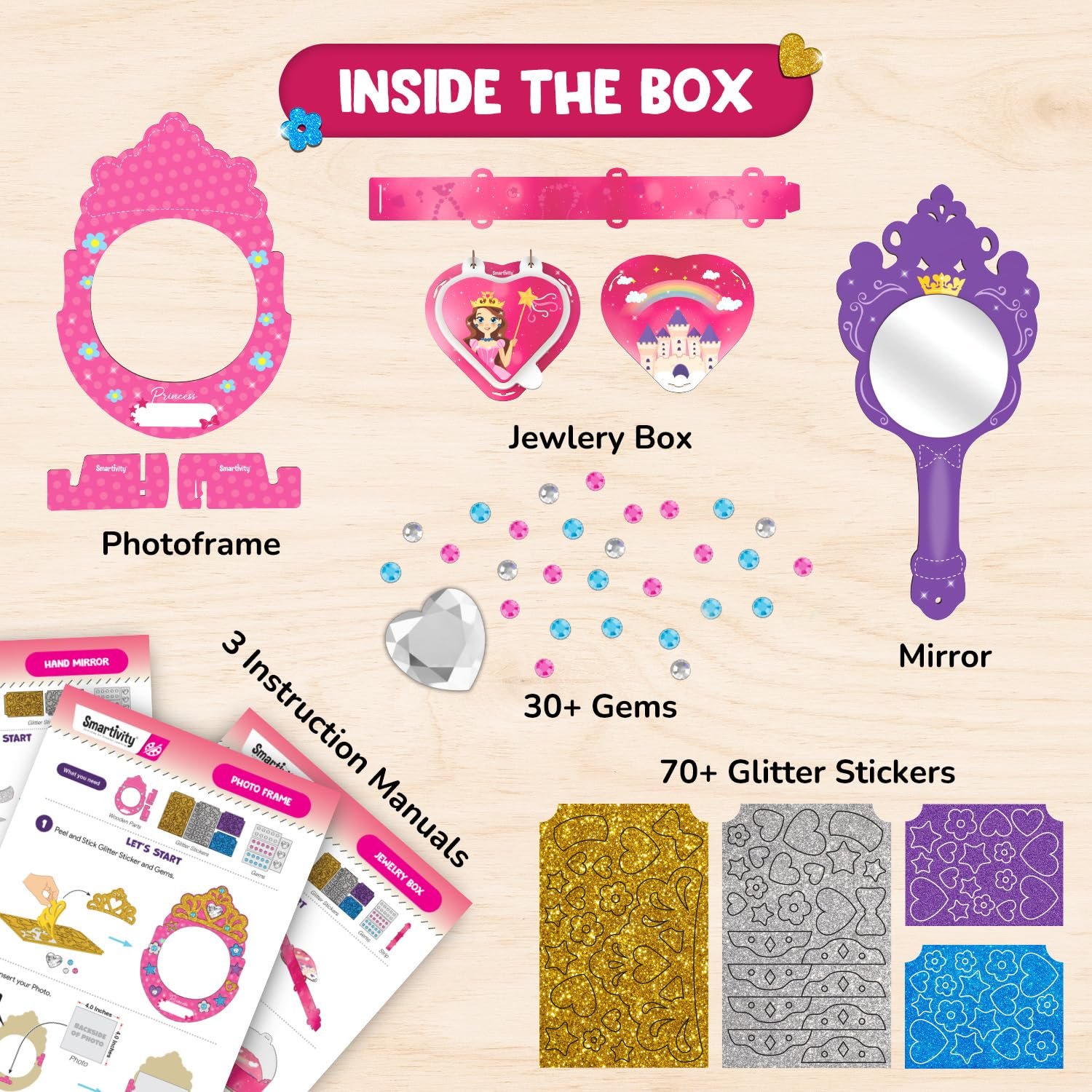 Age 4-8 Year Smartivity Little Princess Craft Box for Girls | DIY Art & Craft Kit to Make Jewellery Box, Mirror & Frame | Kids Craft Activity Set with Gems & Glitter - Image 7