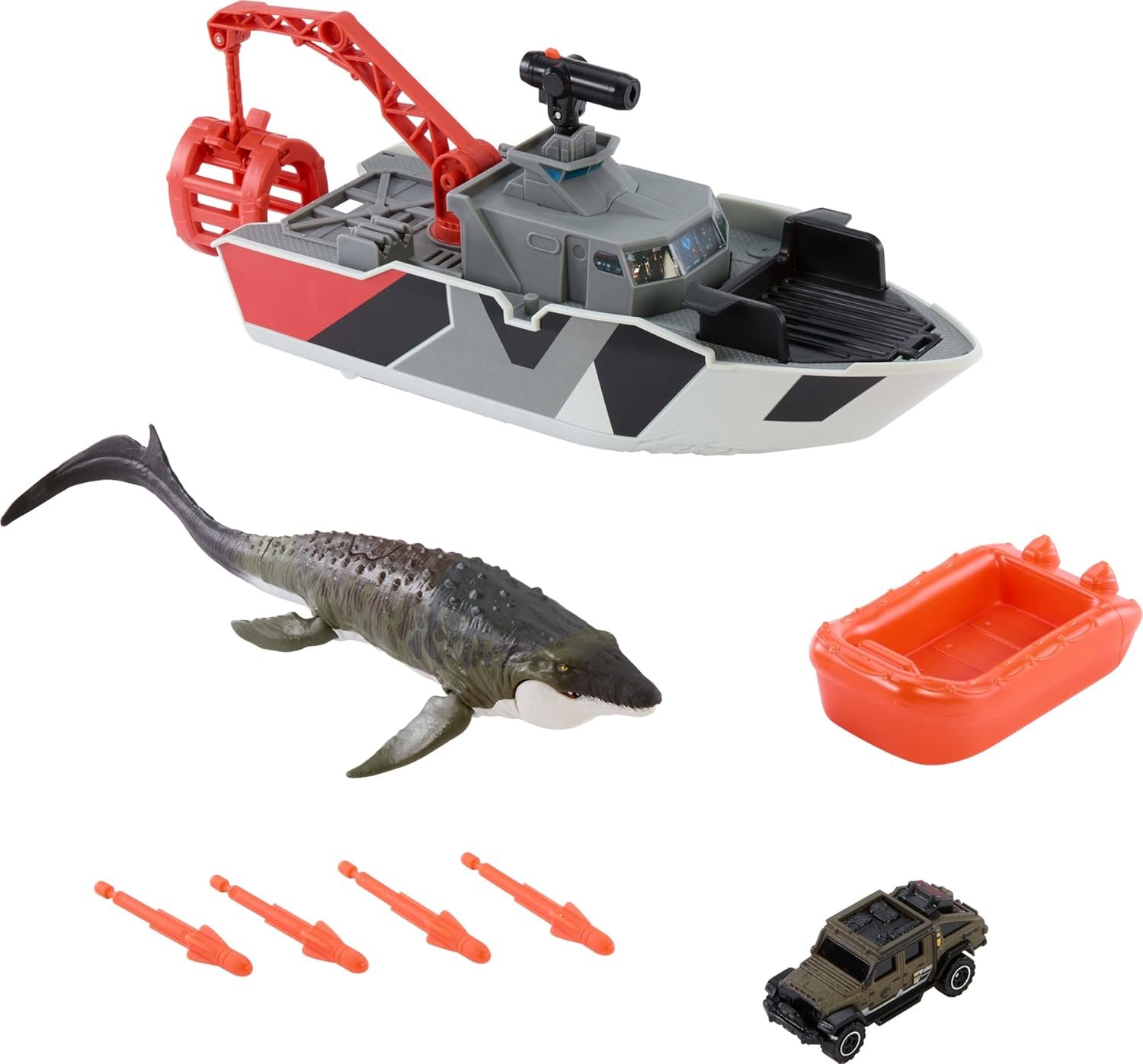 Alternative view of Matchbox Toy Car Playset, Jurassic World 12.5” Dino Boat with 13” Mosasaurus Dinosaur, 1:64 Die-Cast Jeep, Harpoon Missiles & Detachable Rescue Boat