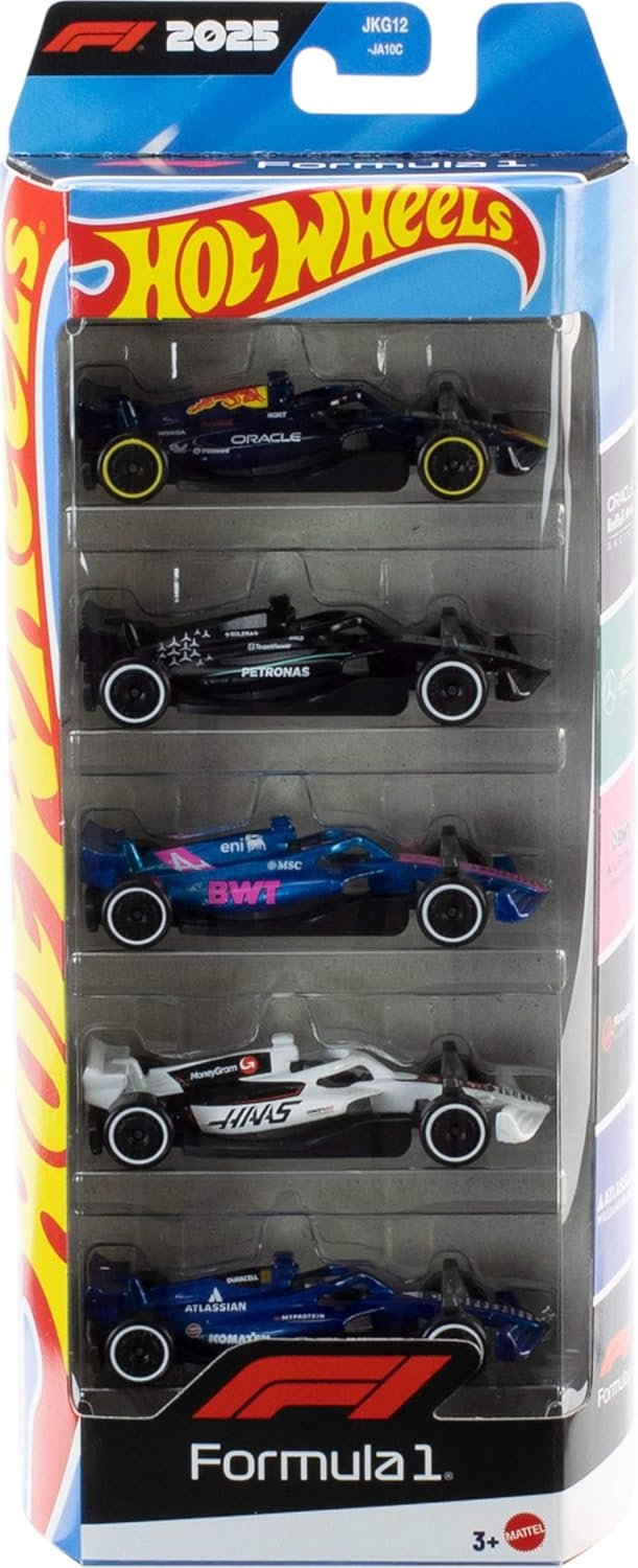Alternative view of Hot Wheels 1:64 Scale 5-Pack Formula 1 Die-Cast Toy Cars, Set of 5 Officially Licensed, Collectible F1 Race Cars for Play or Display